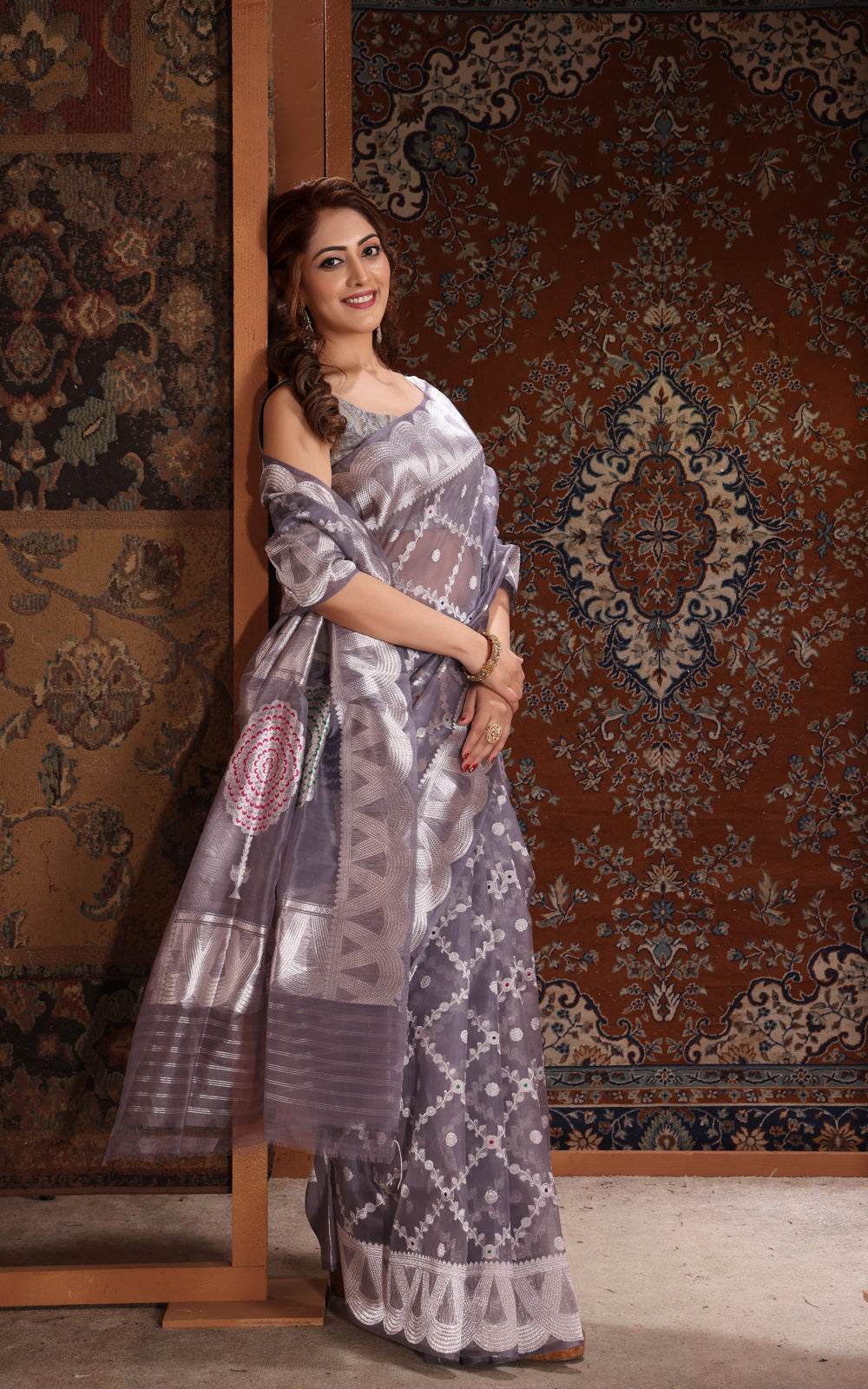 Grey Banarasi Kora Saree With Silver Zari Weaves