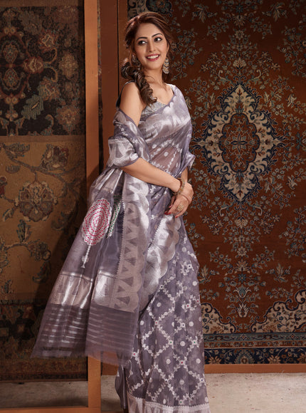 Grey Banarasi Kora Saree With Silver Zari Weaves