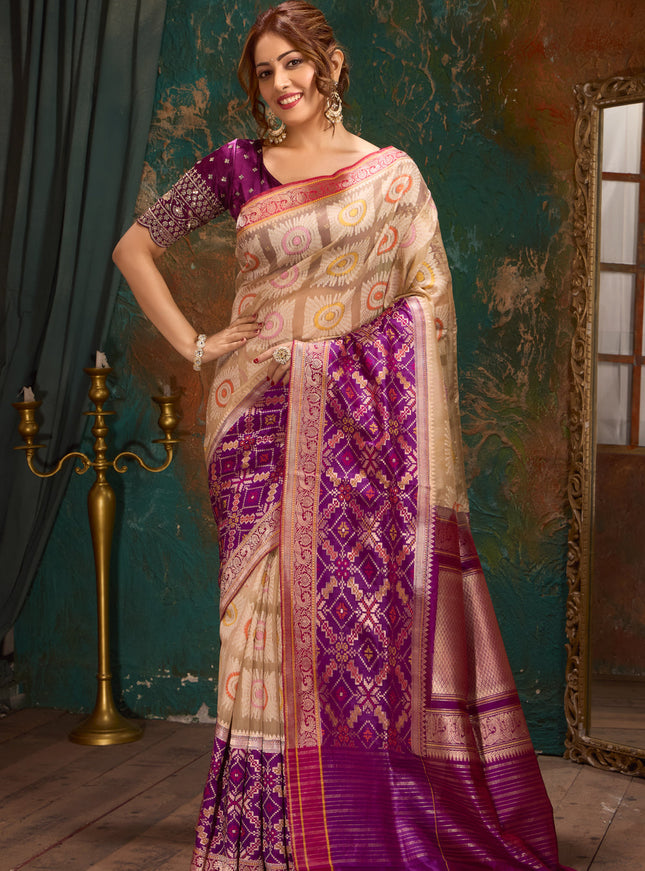 Beige & Purple Banarasi Kora Saree With Thread Weaves