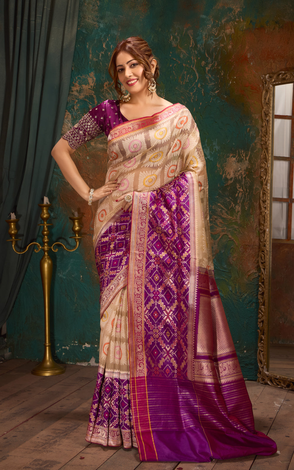 Beige & Purple Banarasi Kora Saree With Thread Weaves