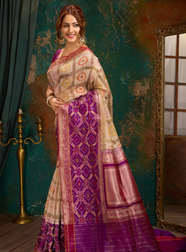 Beige & Purple Banarasi Kora Saree With Thread Weaves