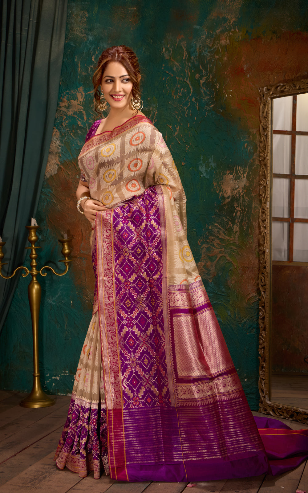 Beige & Purple Banarasi Kora Saree With Thread Weaves