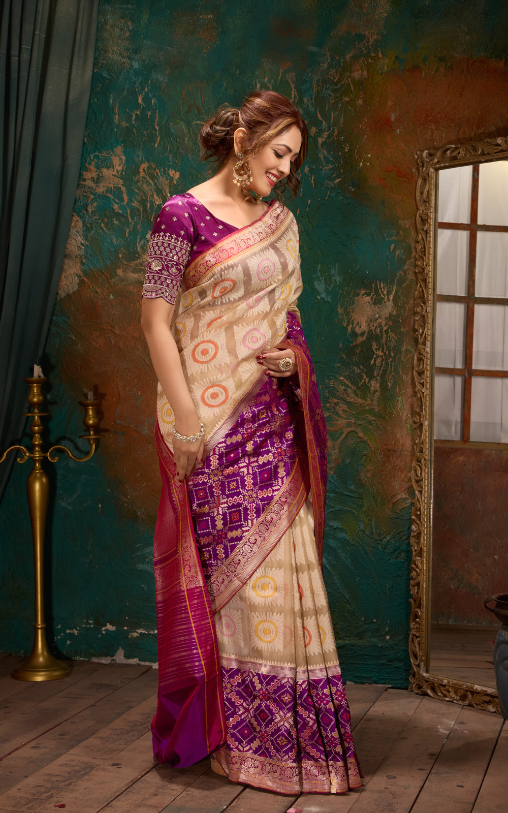 Beige & Purple Banarasi Kora Saree With Thread Weaves