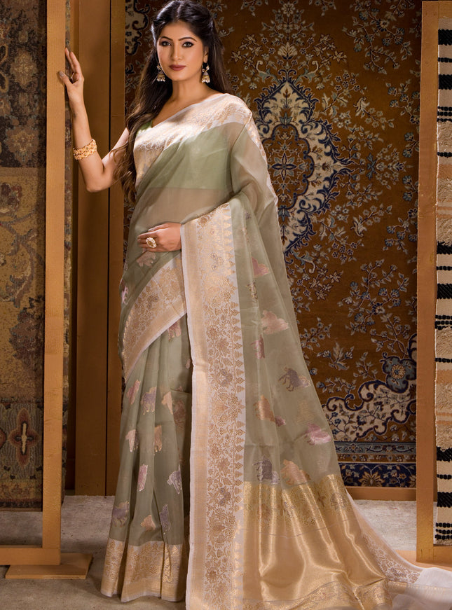 Pastel Green Banarasi Kora Saree With Zari Butta