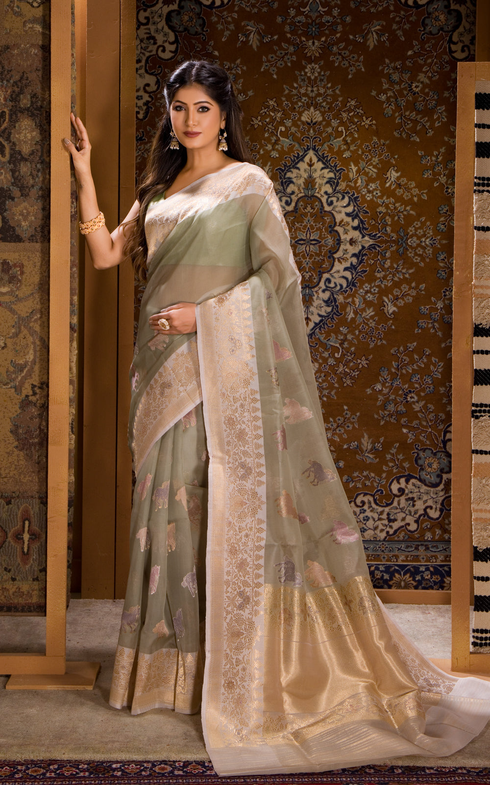 Pastel Green Banarasi Kora Saree With Zari Butta