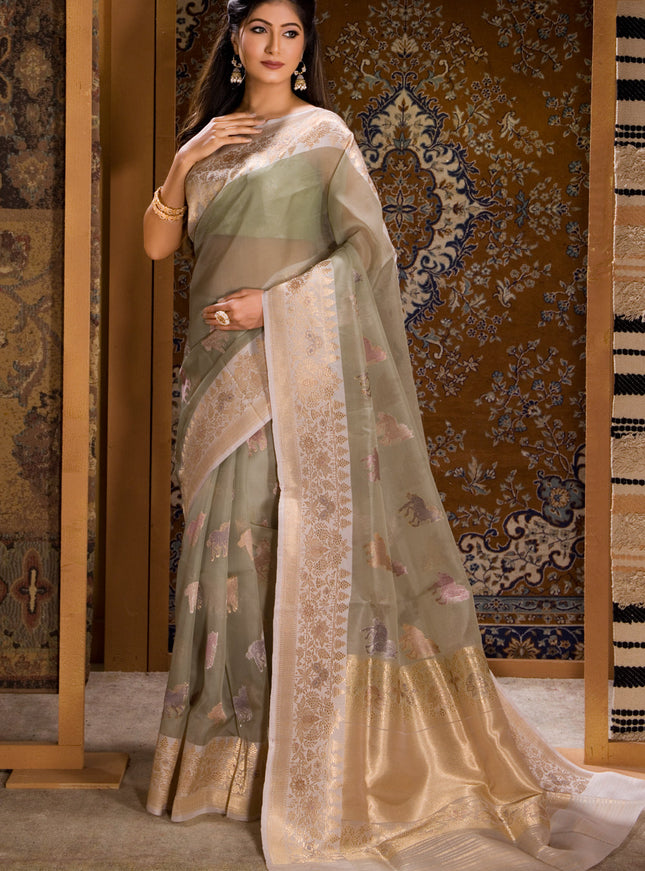 Pastel Green Banarasi Kora Saree With Zari Butta
