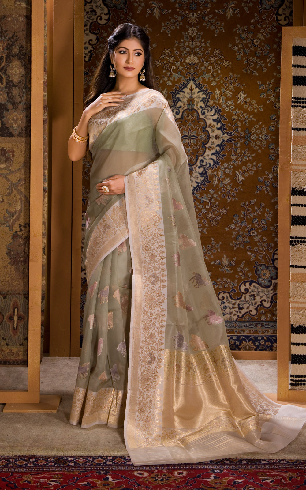 Pastel Green Banarasi Kora Saree With Zari Butta