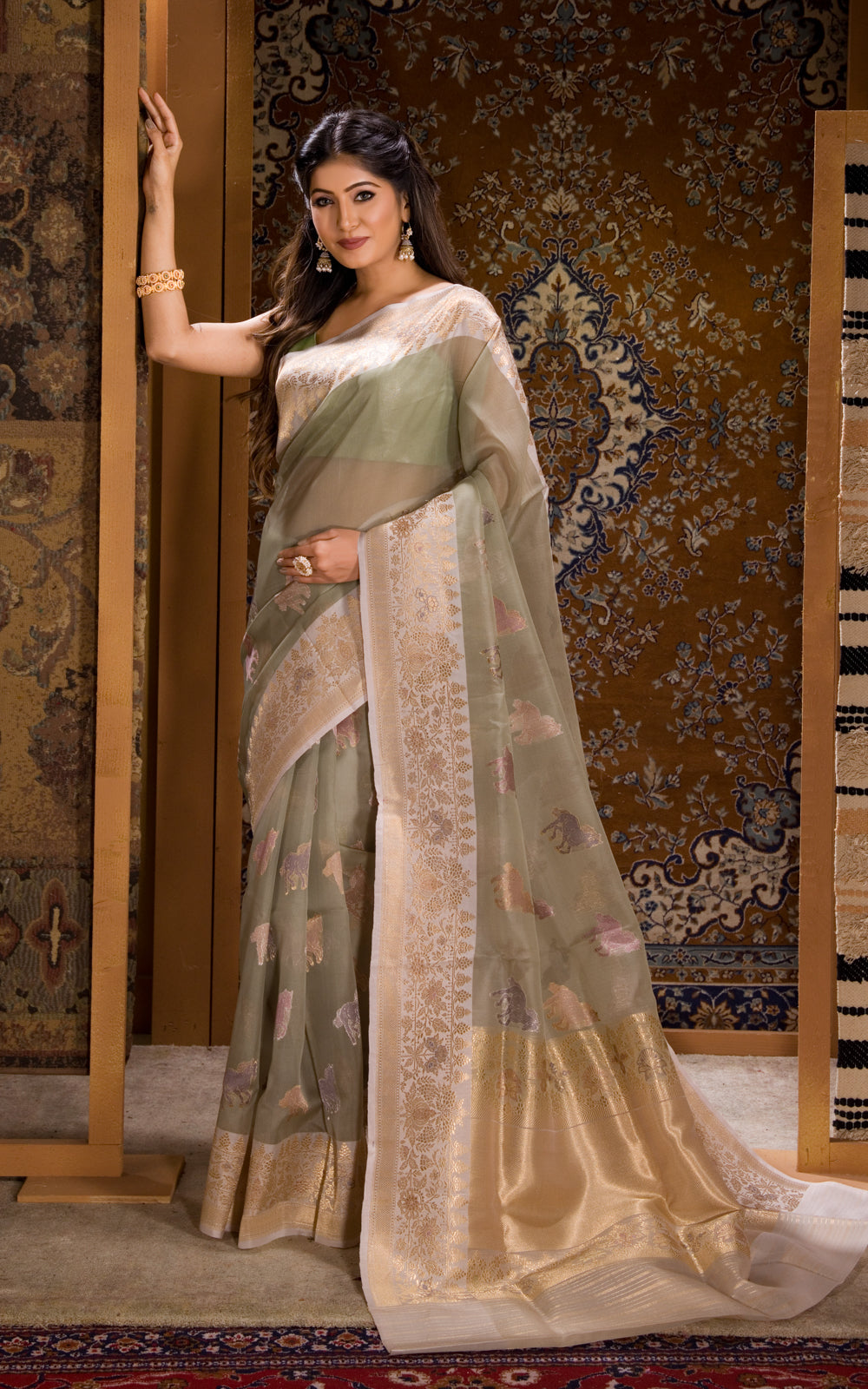 Pastel Green Banarasi Kora Saree With Zari Butta