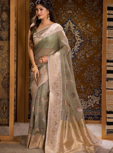 Pastel Green Banarasi Kora Saree With Zari Butta