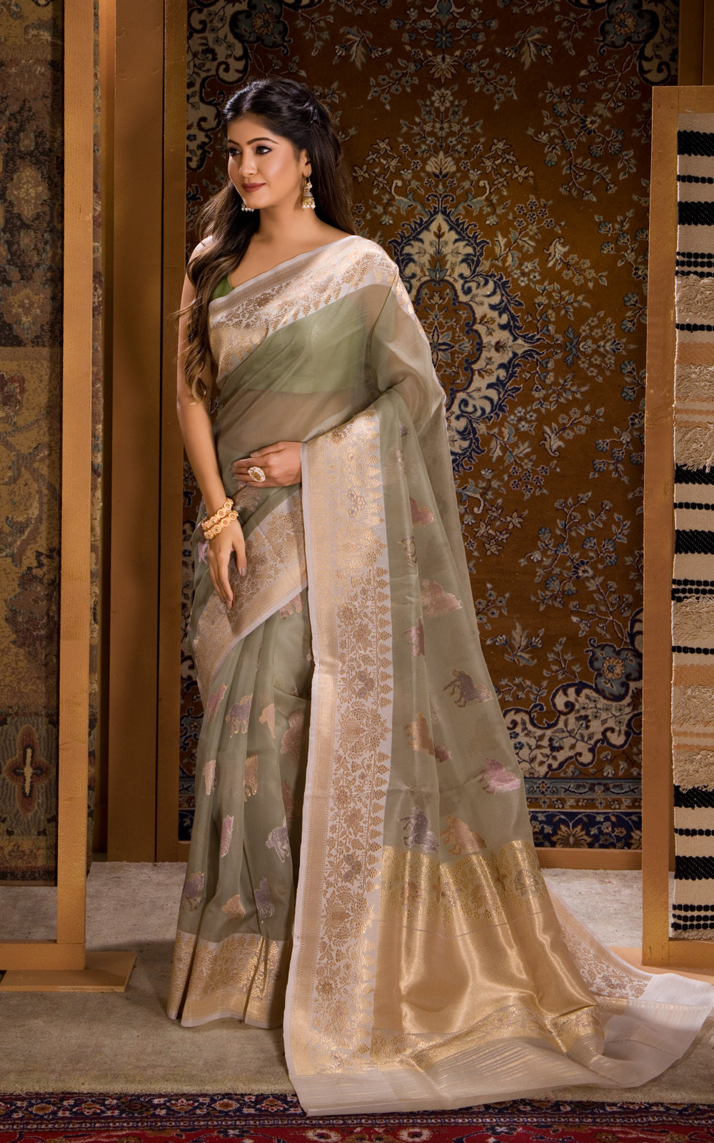 Pastel Green Banarasi Kora Saree With Zari Butta