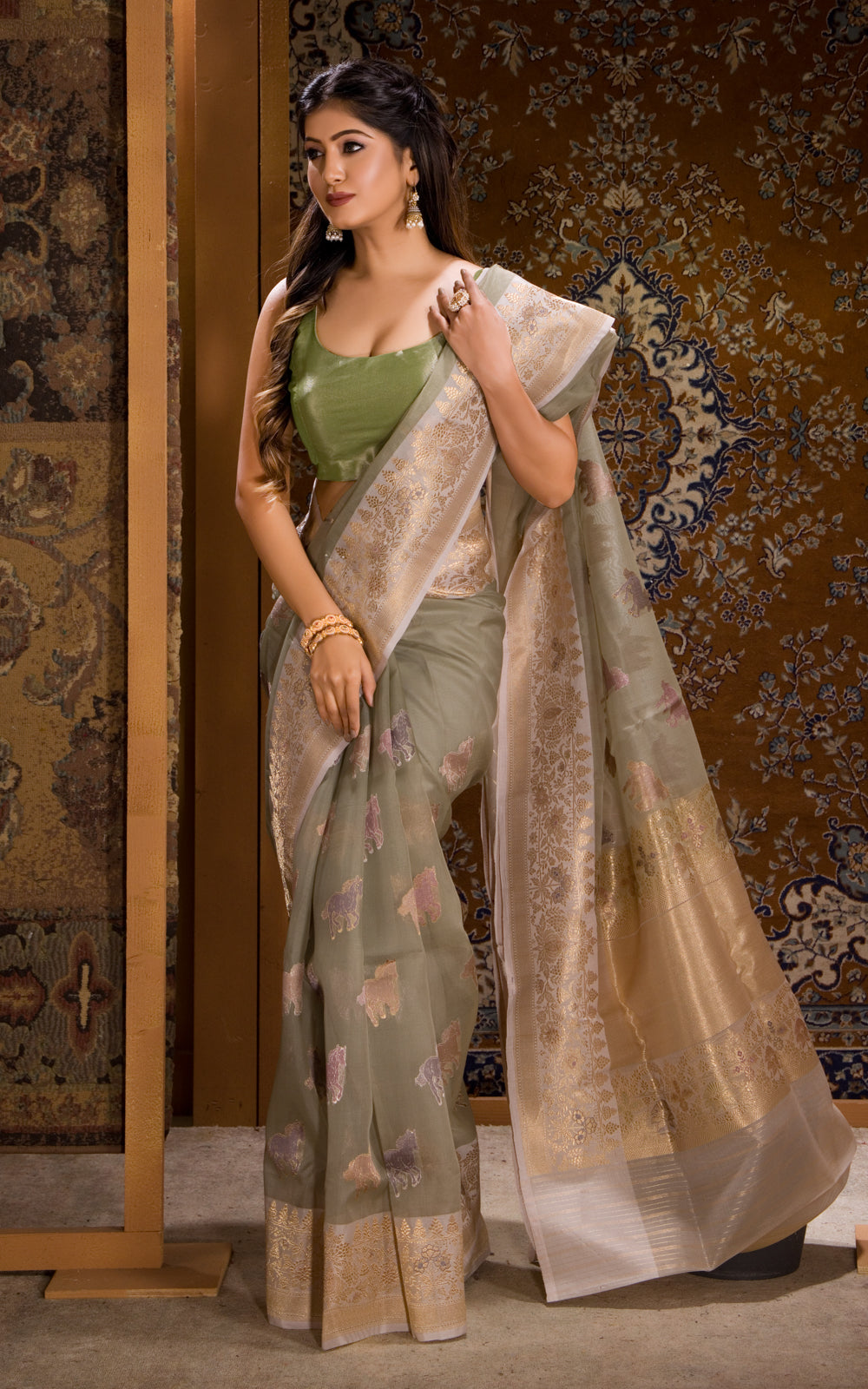 Pastel Green Banarasi Kora Saree With Zari Butta