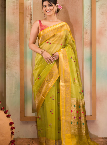 Light Green & Yellow Banarasi Kora Saree With Floral Motif