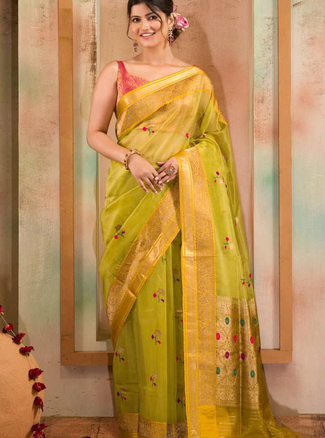 Light Green & Yellow Banarasi Kora Saree With Floral Motif