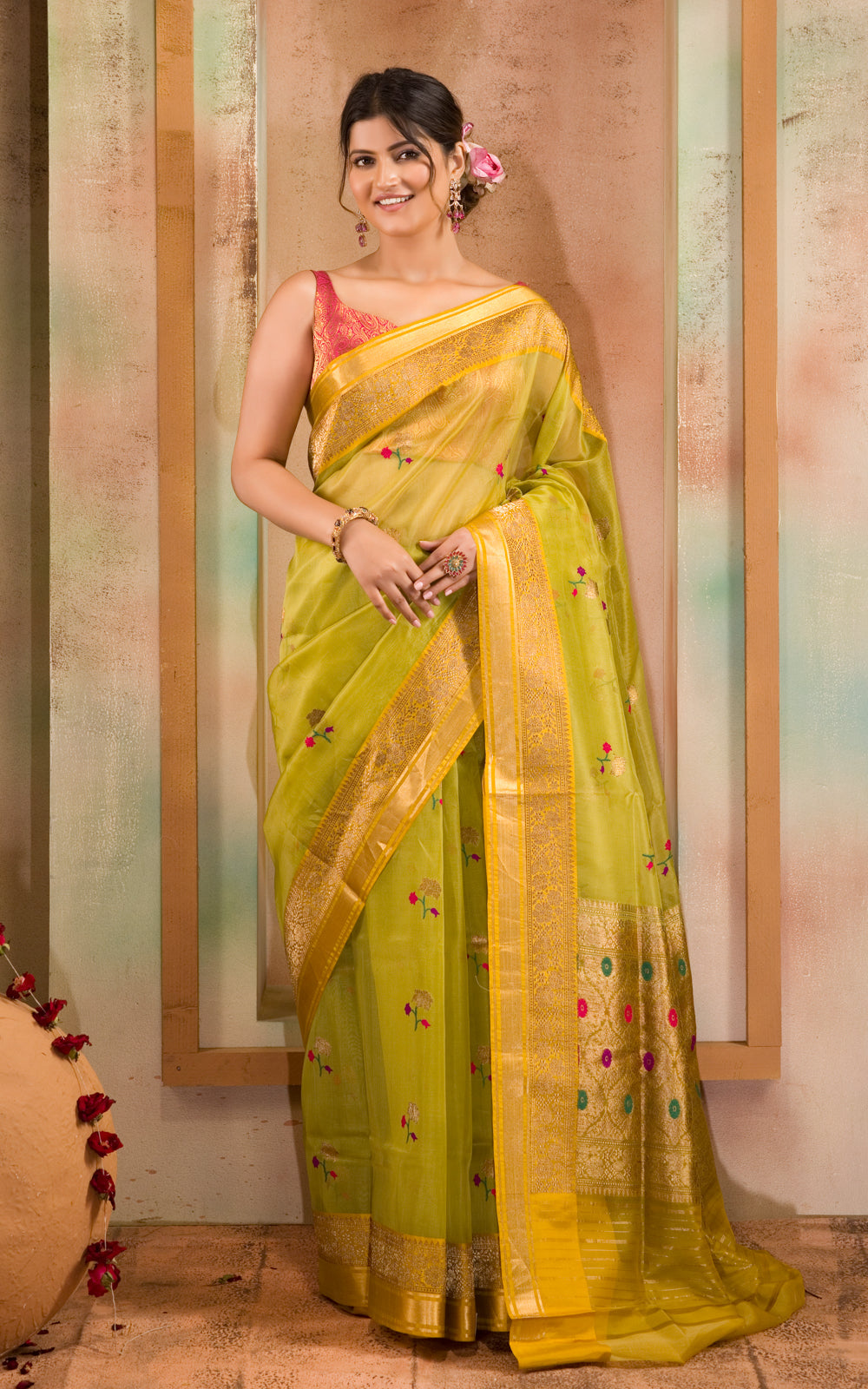 Light Green & Yellow Banarasi Kora Saree With Floral Motif