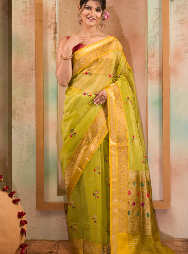Light Green & Yellow Banarasi Kora Saree With Floral Motif