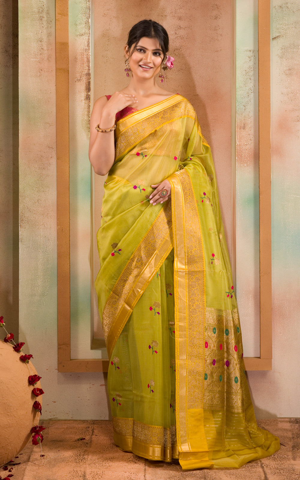 Light Green & Yellow Banarasi Kora Saree With Floral Motif