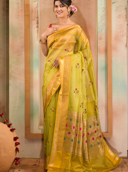 Light Green & Yellow Banarasi Kora Saree With Floral Motif