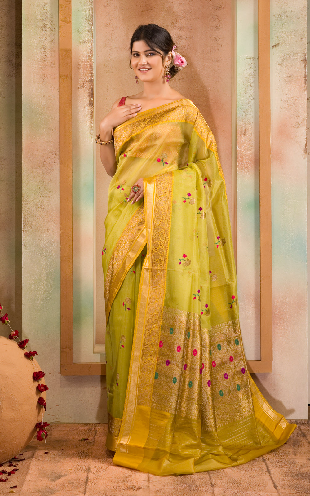 Light Green & Yellow Banarasi Kora Saree With Floral Motif