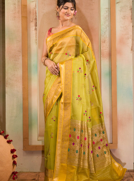 Light Green & Yellow Banarasi Kora Saree With Floral Motif