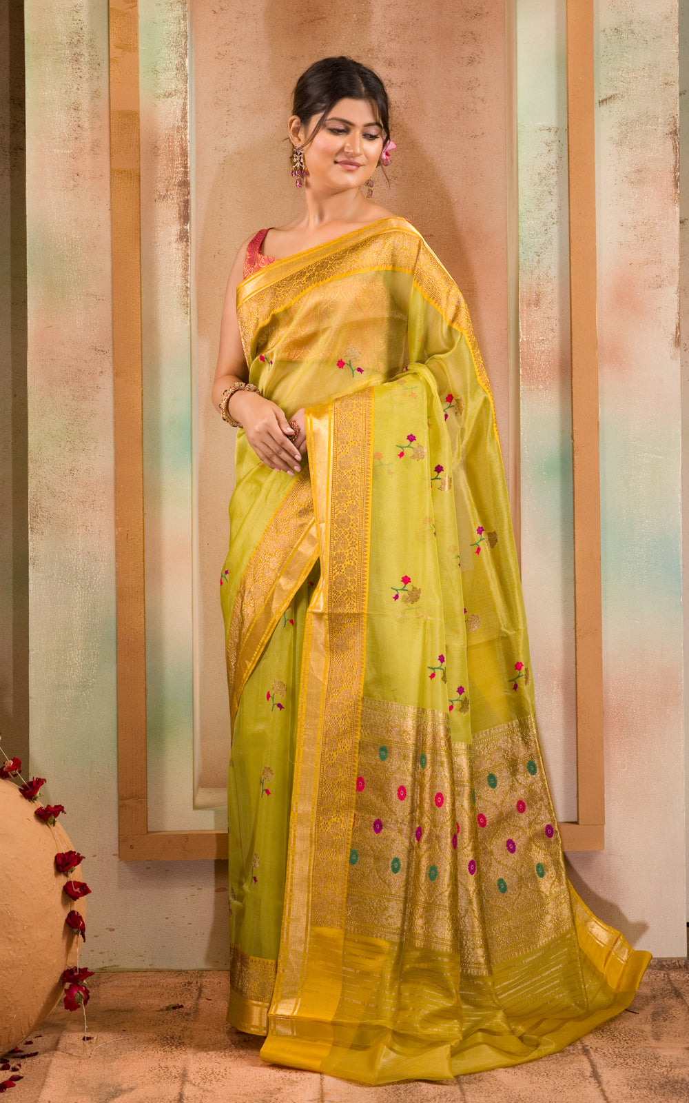 Light Green & Yellow Banarasi Kora Saree With Floral Motif