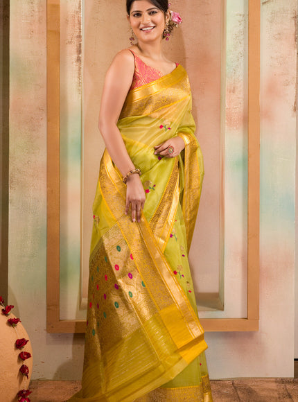Light Green & Yellow Banarasi Kora Saree With Floral Motif