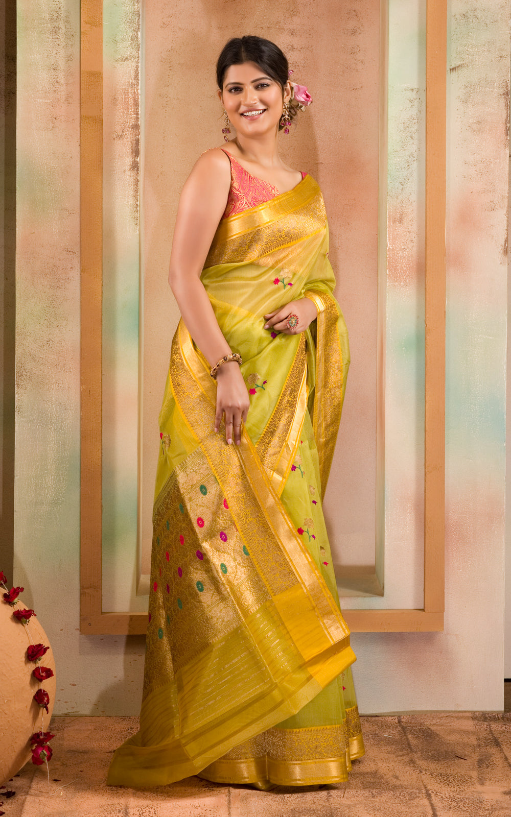 Light Green & Yellow Banarasi Kora Saree With Floral Motif