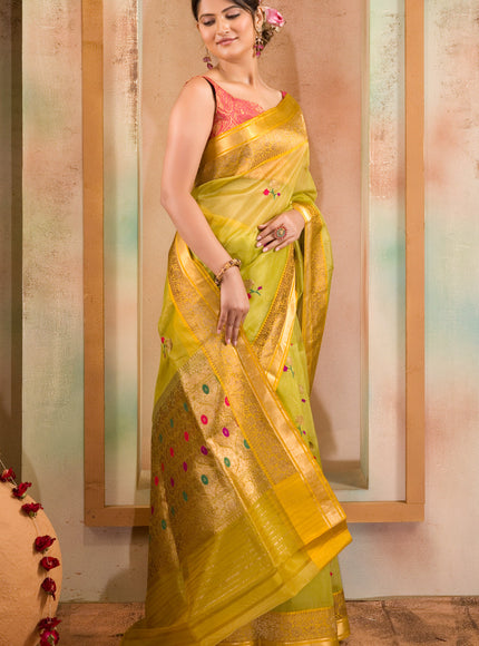 Light Green & Yellow Banarasi Kora Saree With Floral Motif