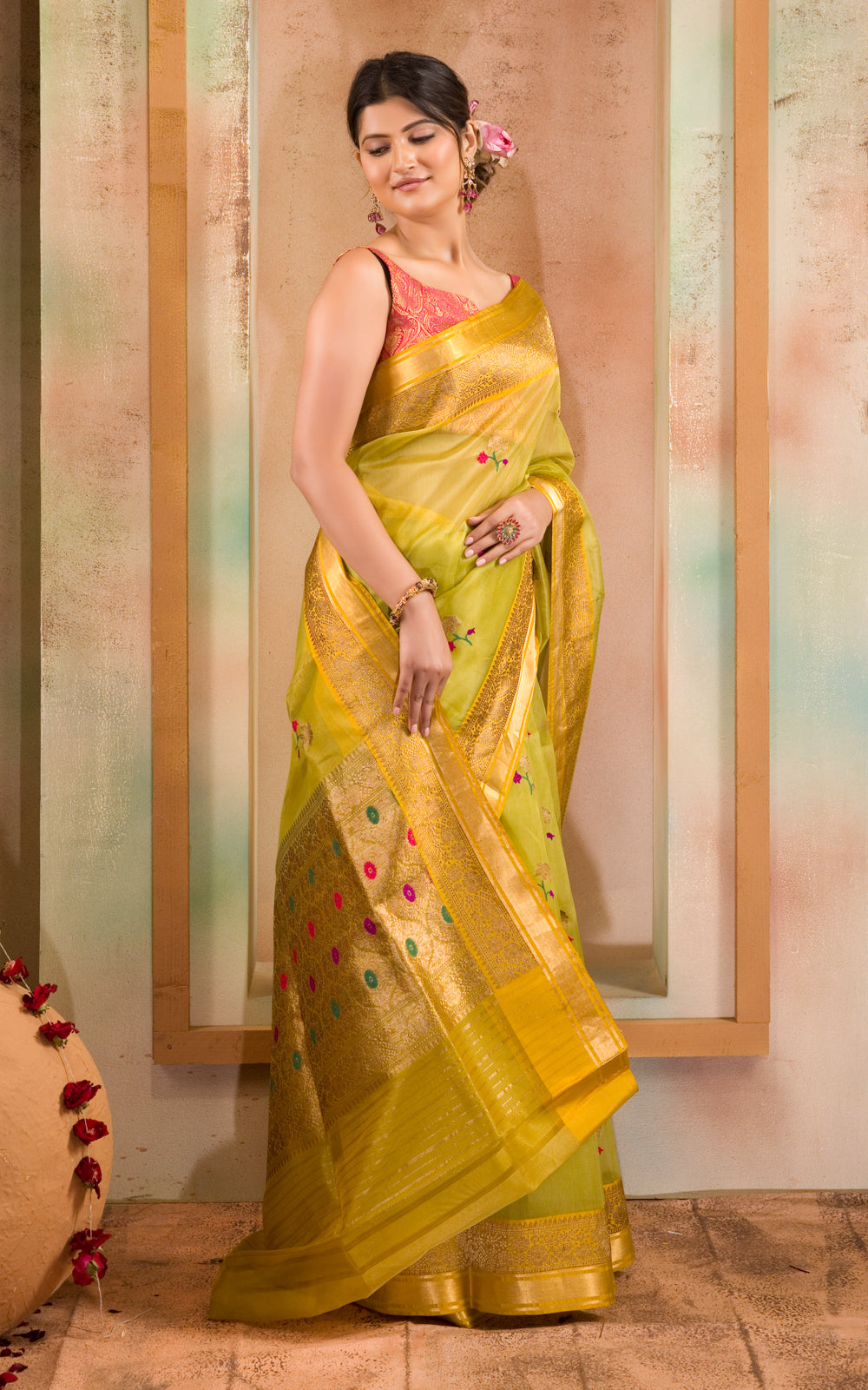 Light Green & Yellow Banarasi Kora Saree With Floral Motif