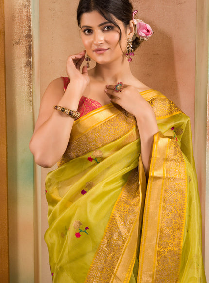 Light Green & Yellow Banarasi Kora Saree With Floral Motif