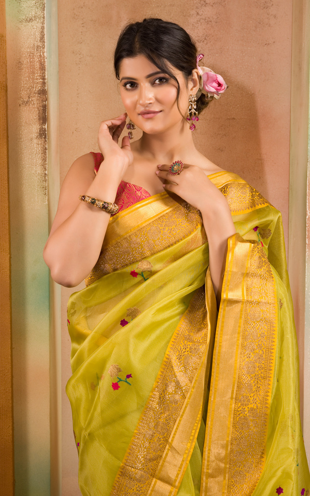 Light Green & Yellow Banarasi Kora Saree With Floral Motif
