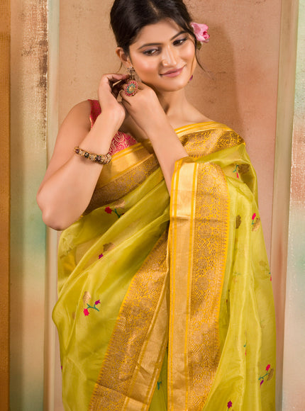 Light Green & Yellow Banarasi Kora Saree With Floral Motif
