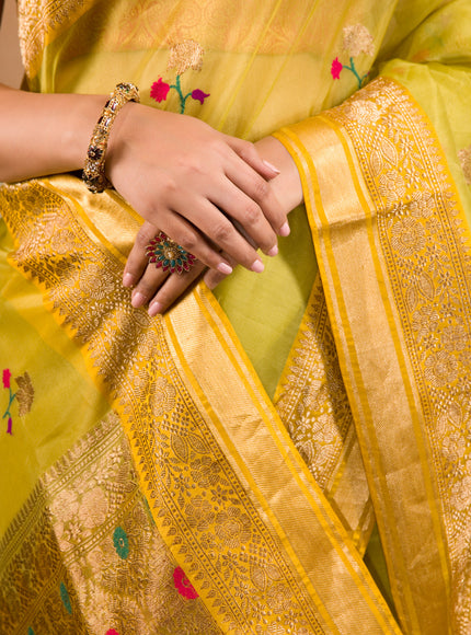 Light Green & Yellow Banarasi Kora Saree With Floral Motif