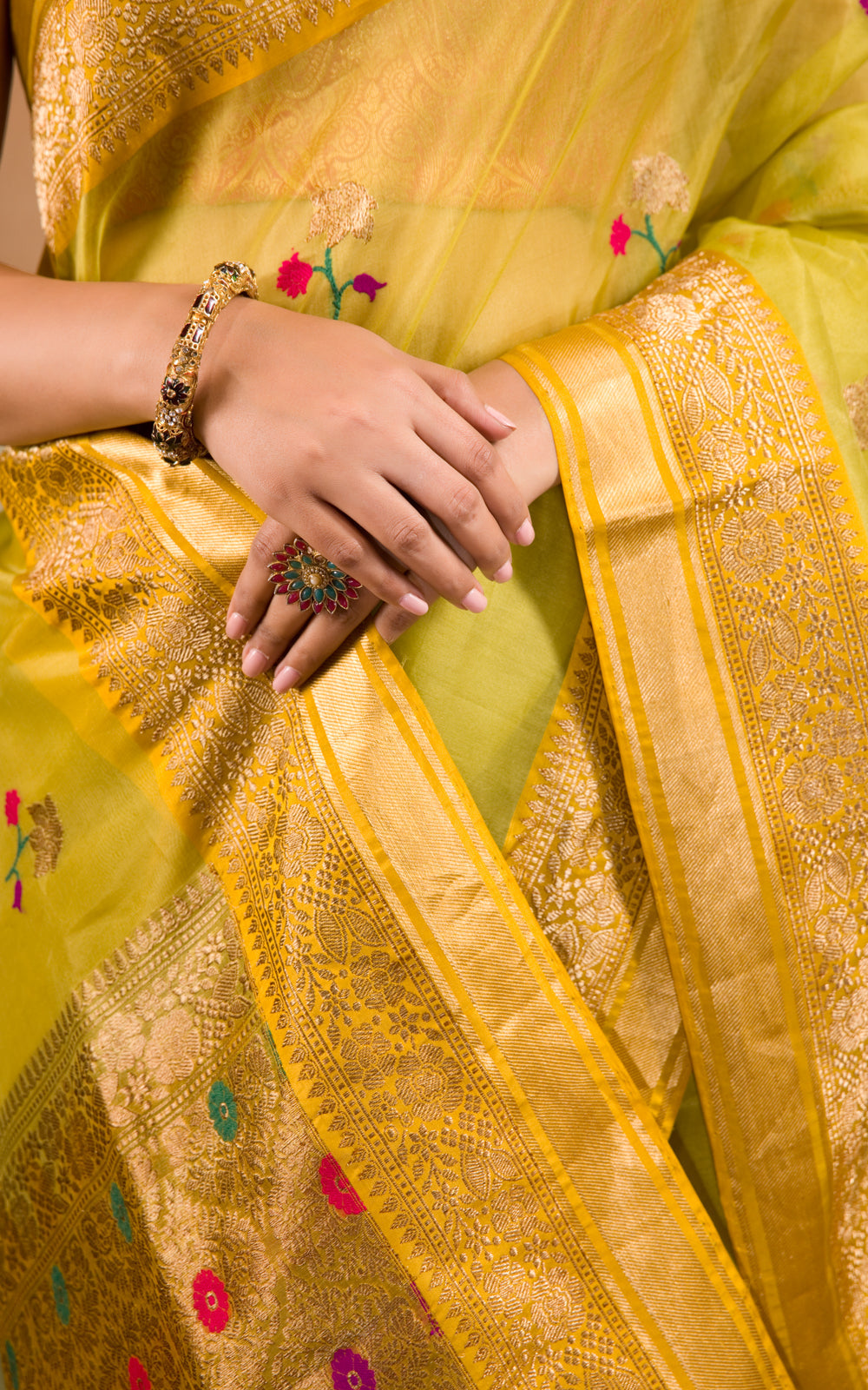 Light Green & Yellow Banarasi Kora Saree With Floral Motif