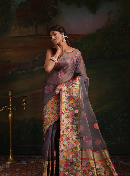 Dual Tone Grey Banarasi Kora Saree With Floral Weaves
