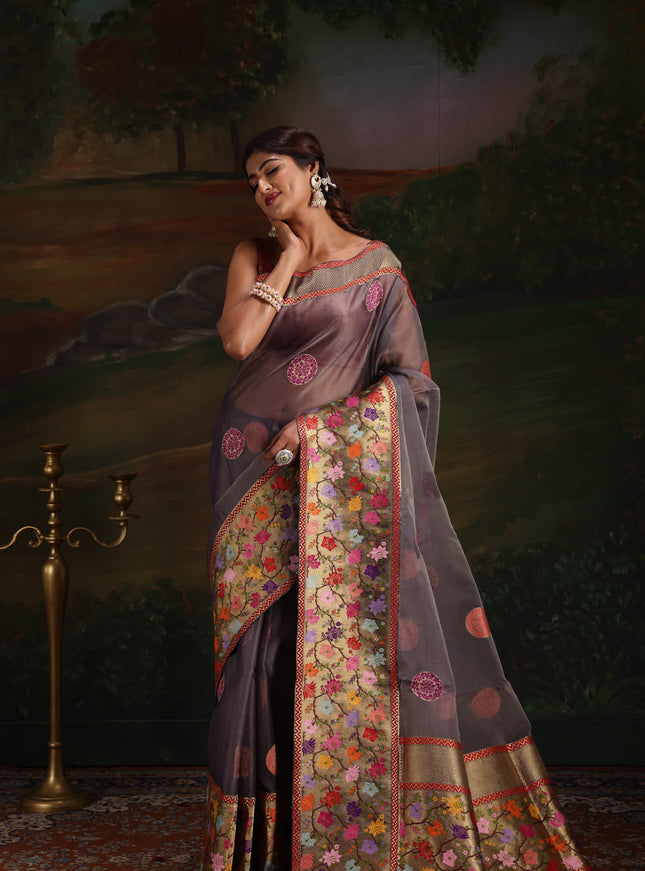 Dual Tone Grey Banarasi Kora Saree With Floral Weaves