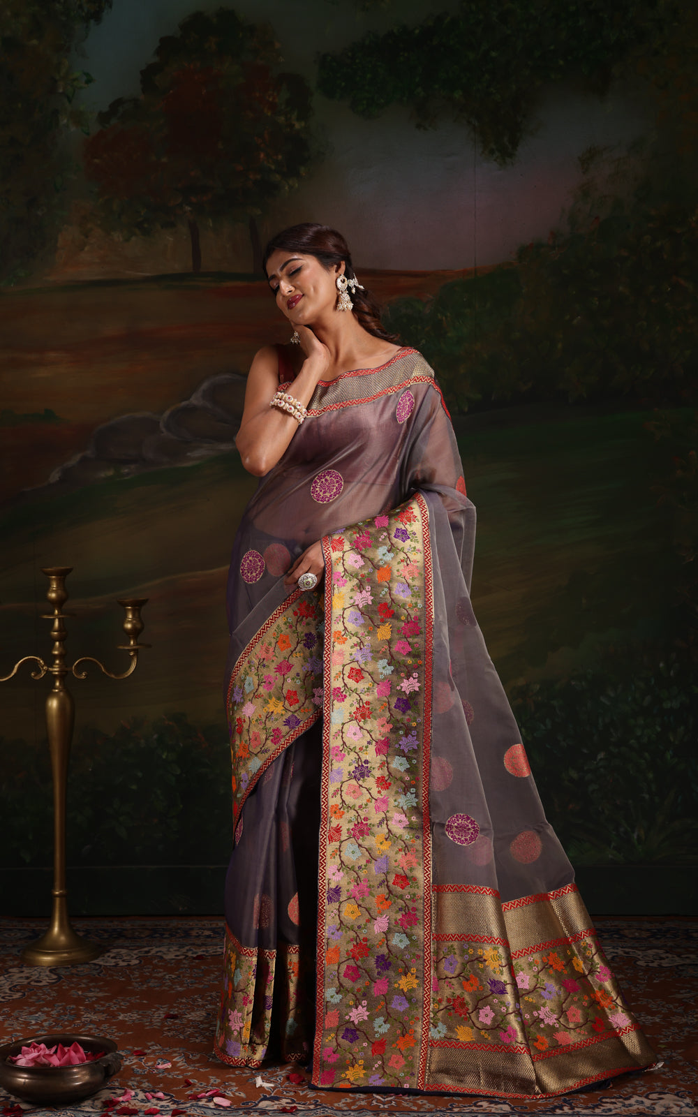 Dual Tone Grey Banarasi Kora Saree With Floral Weaves
