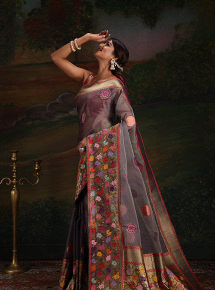 Dual Tone Grey Banarasi Kora Saree With Floral Weaves