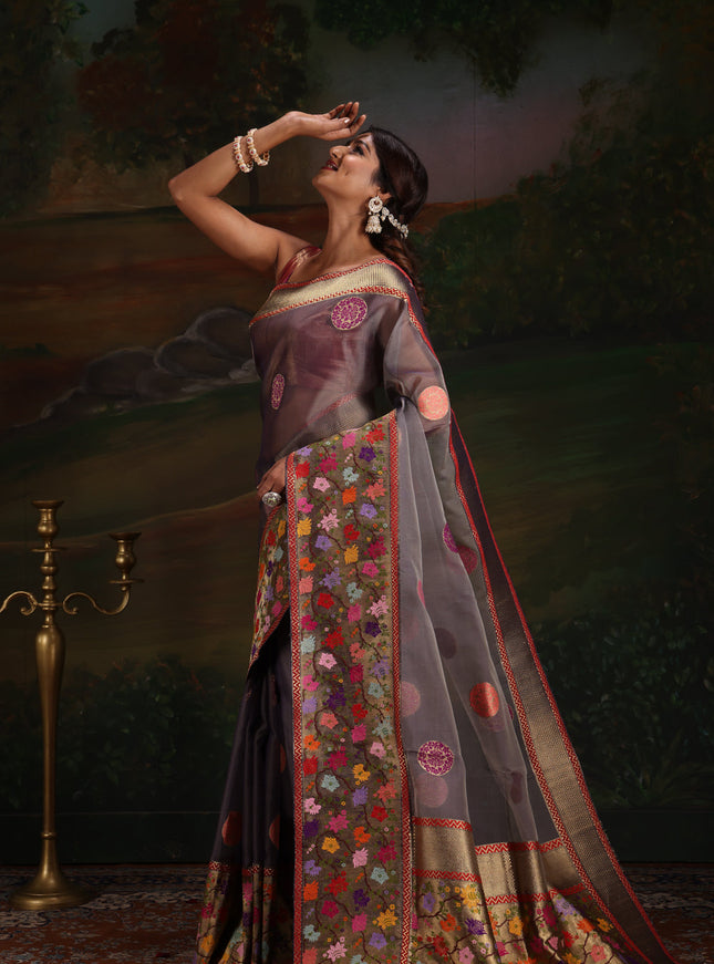 Dual Tone Grey Banarasi Kora Saree With Floral Weaves