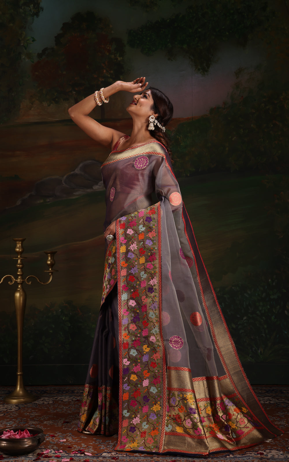 Dual Tone Grey Banarasi Kora Saree With Floral Weaves