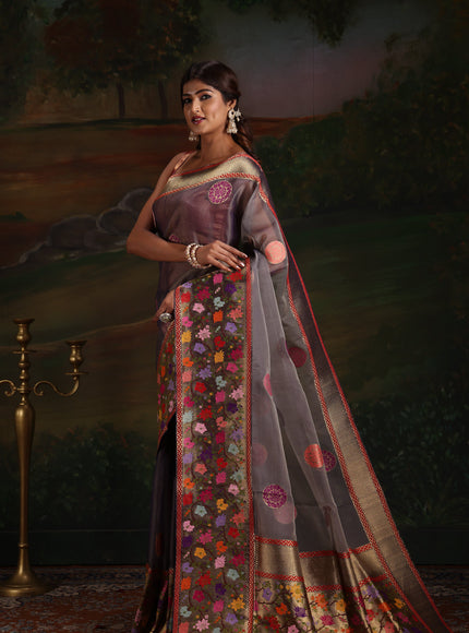 Dual Tone Grey Banarasi Kora Saree With Floral Weaves