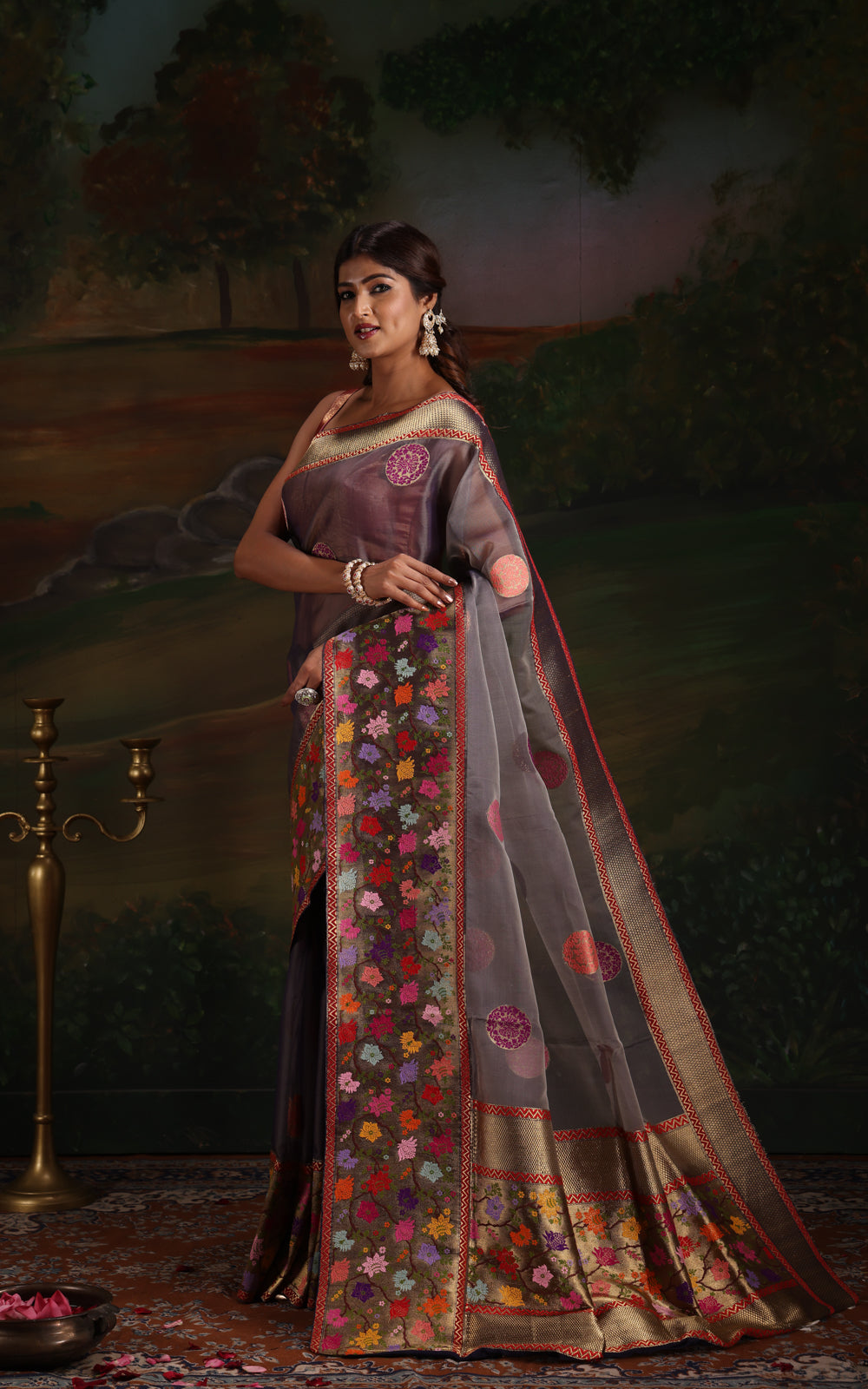 Dual Tone Grey Banarasi Kora Saree With Floral Weaves