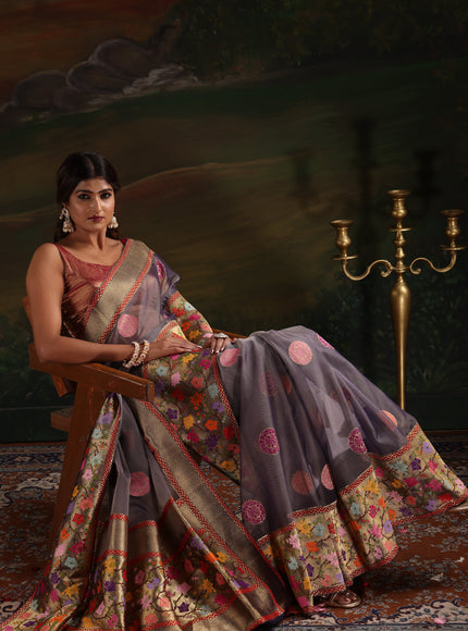 Dual Tone Grey Banarasi Kora Saree With Floral Weaves