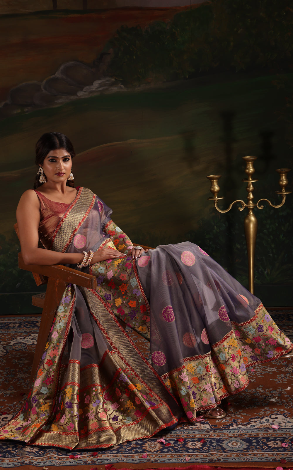 Dual Tone Grey Banarasi Kora Saree With Floral Weaves