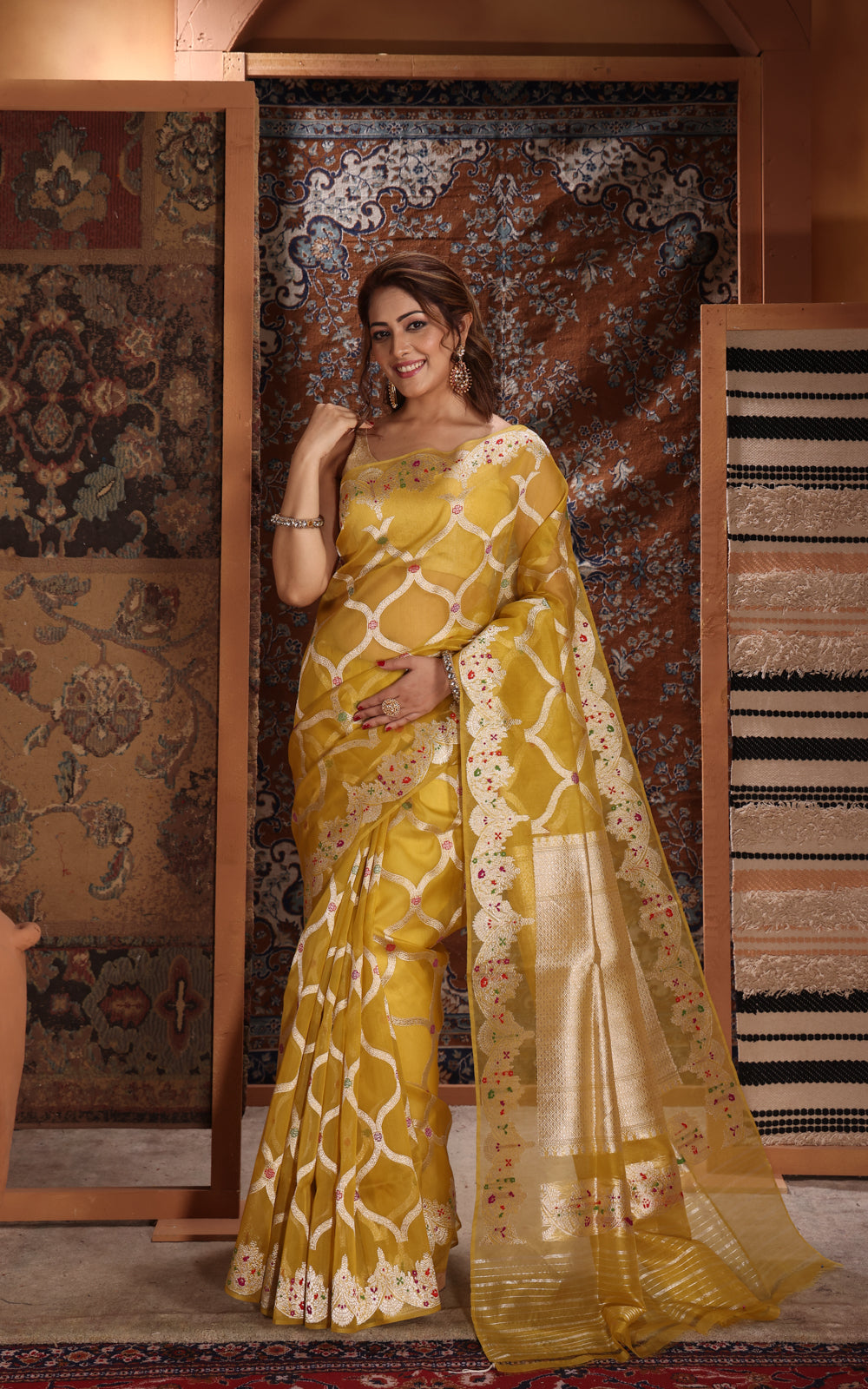 Yellow Banarasi Kora Saree With Kadhua Weaves
