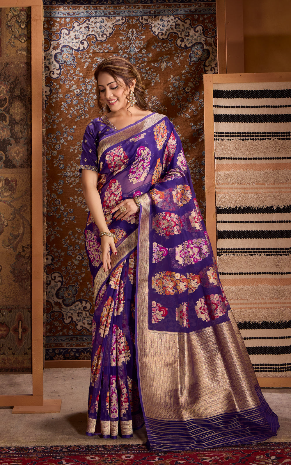 Violet Banarasi Kora Saree With Mina Weaves