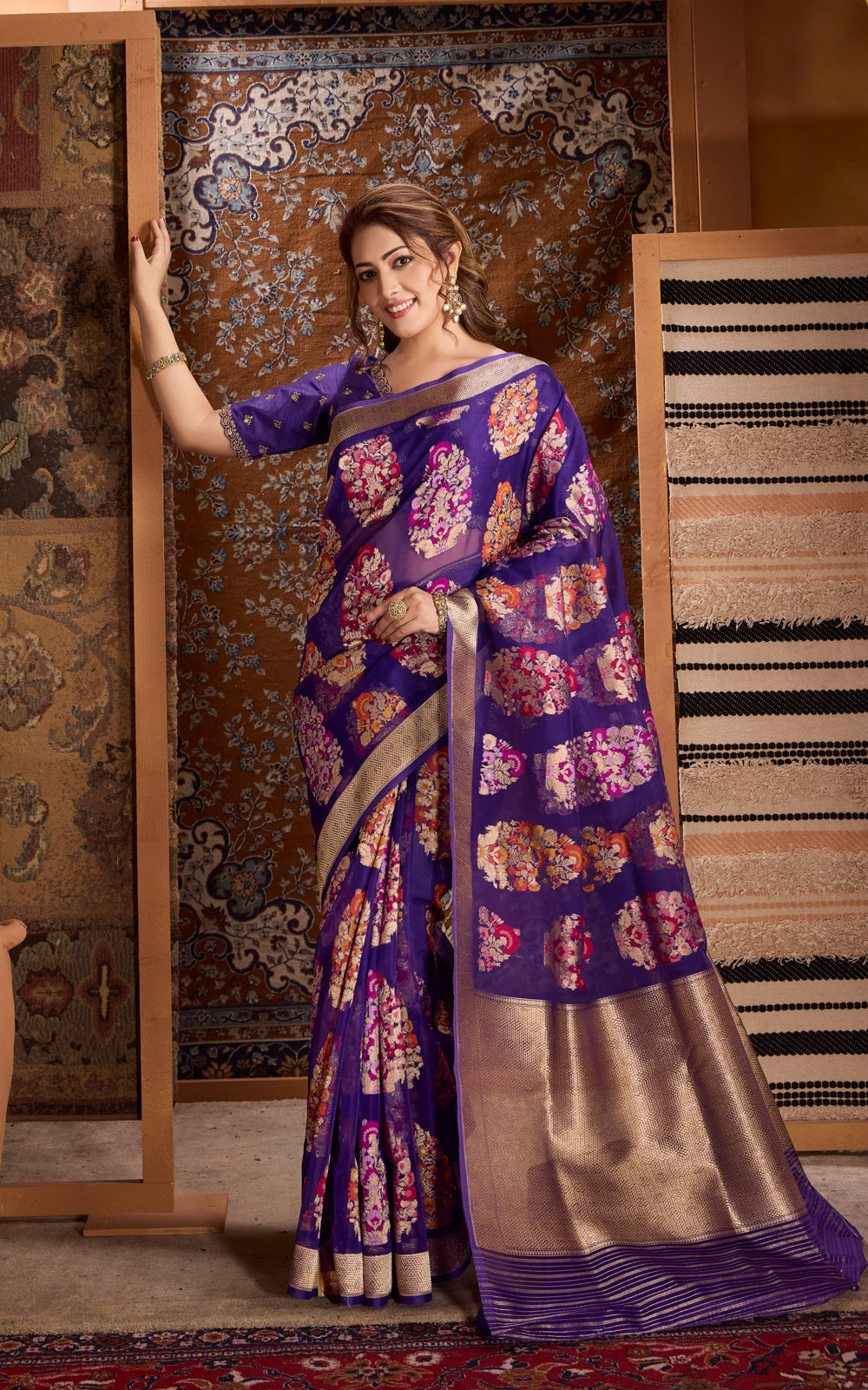 Violet Banarasi Kora Saree With Mina Weaves