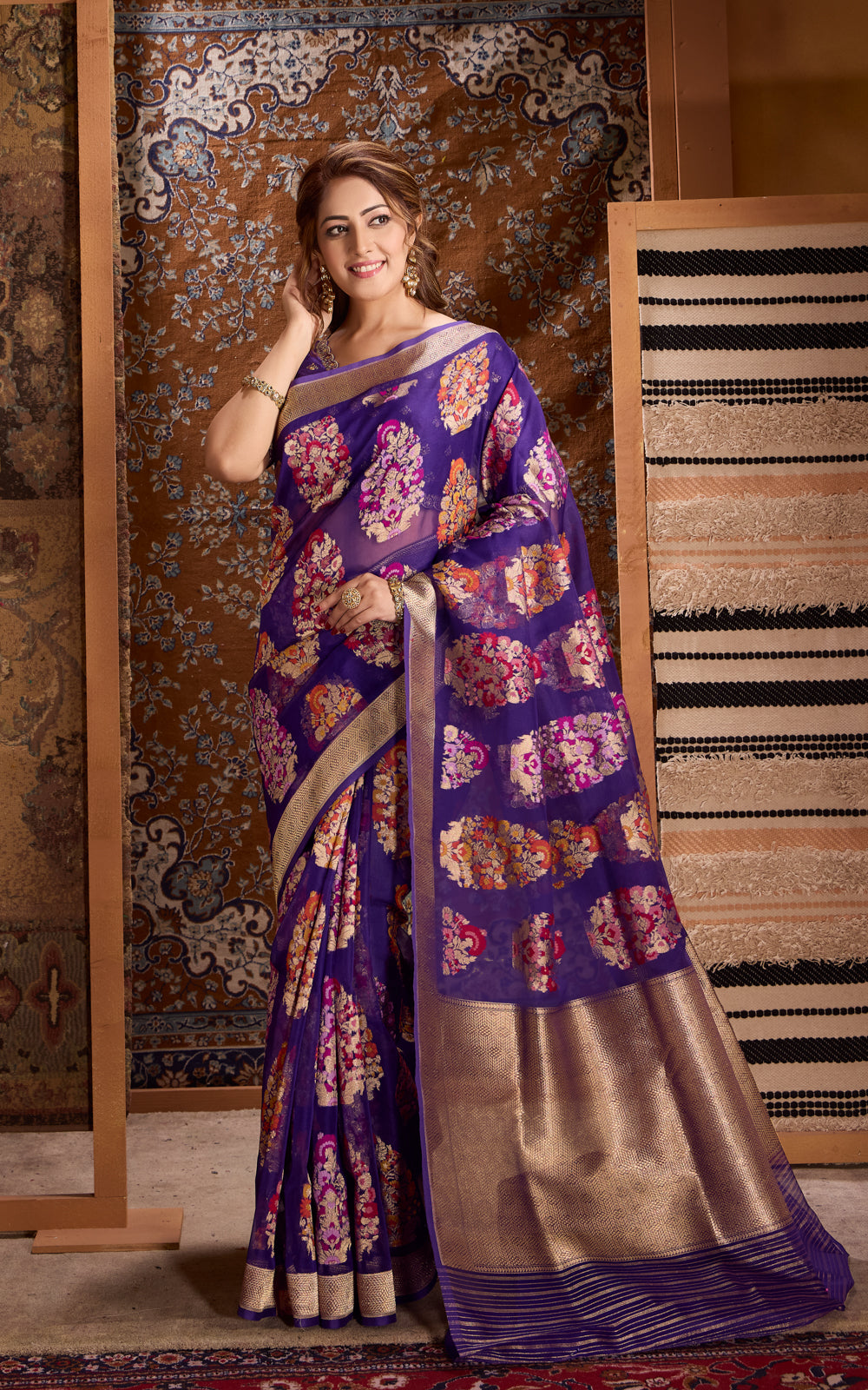 Violet Banarasi Kora Saree With Mina Weaves
