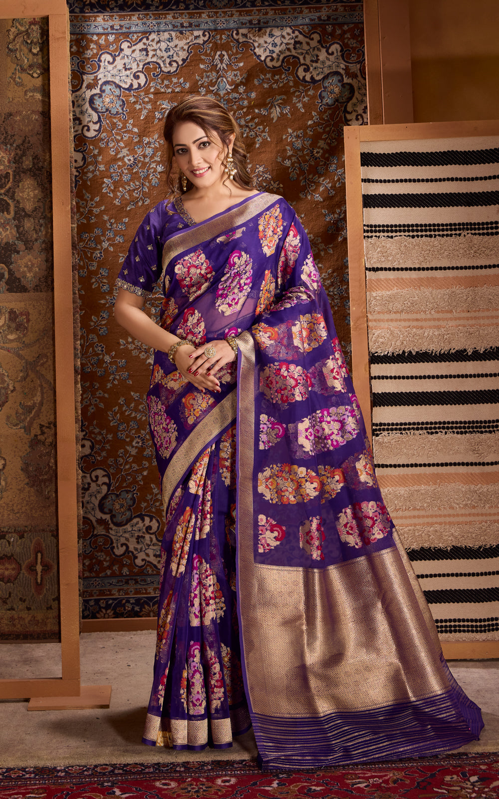 Violet Banarasi Kora Saree With Mina Weaves