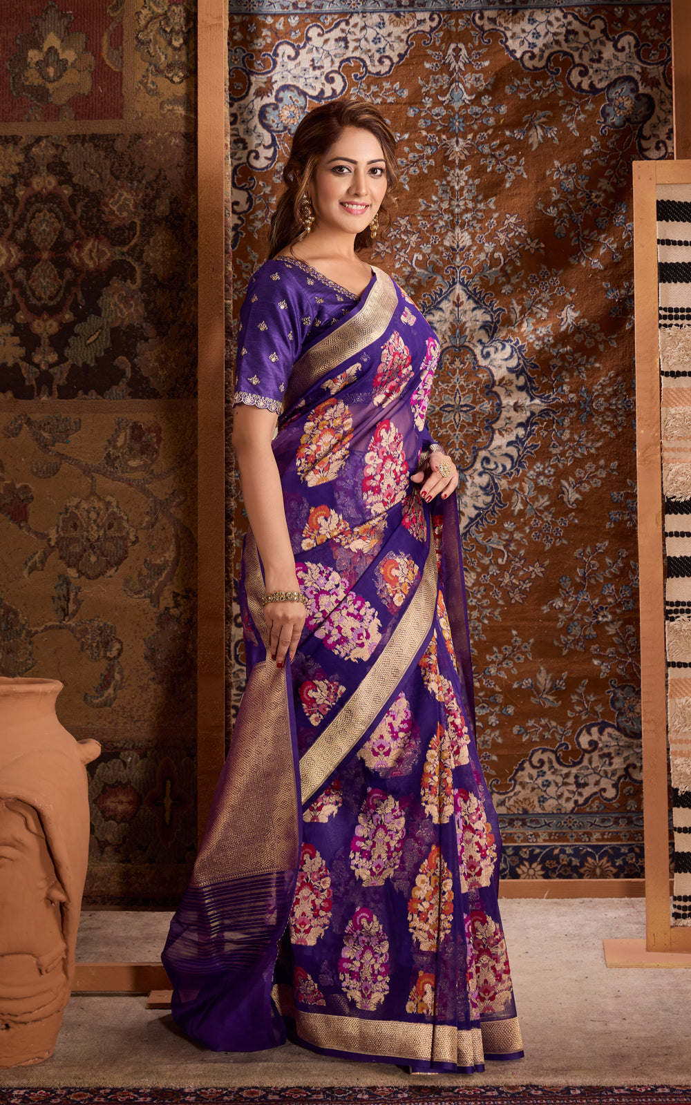 Violet Banarasi Kora Saree With Mina Weaves