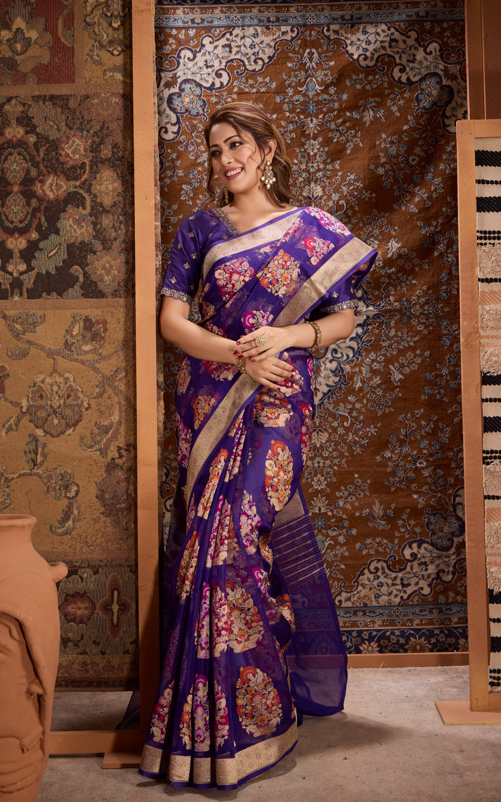 Violet Banarasi Kora Saree With Mina Weaves